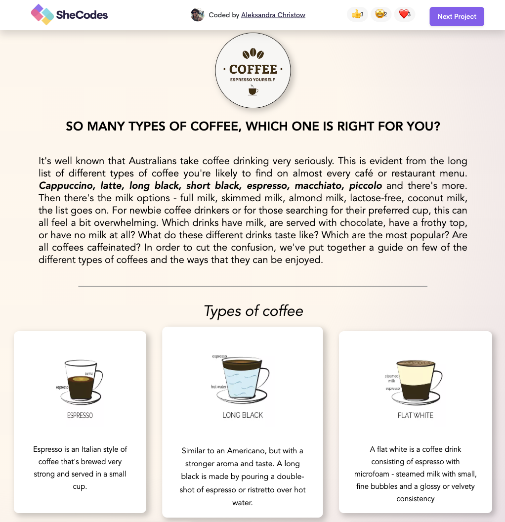 Coffee landing page